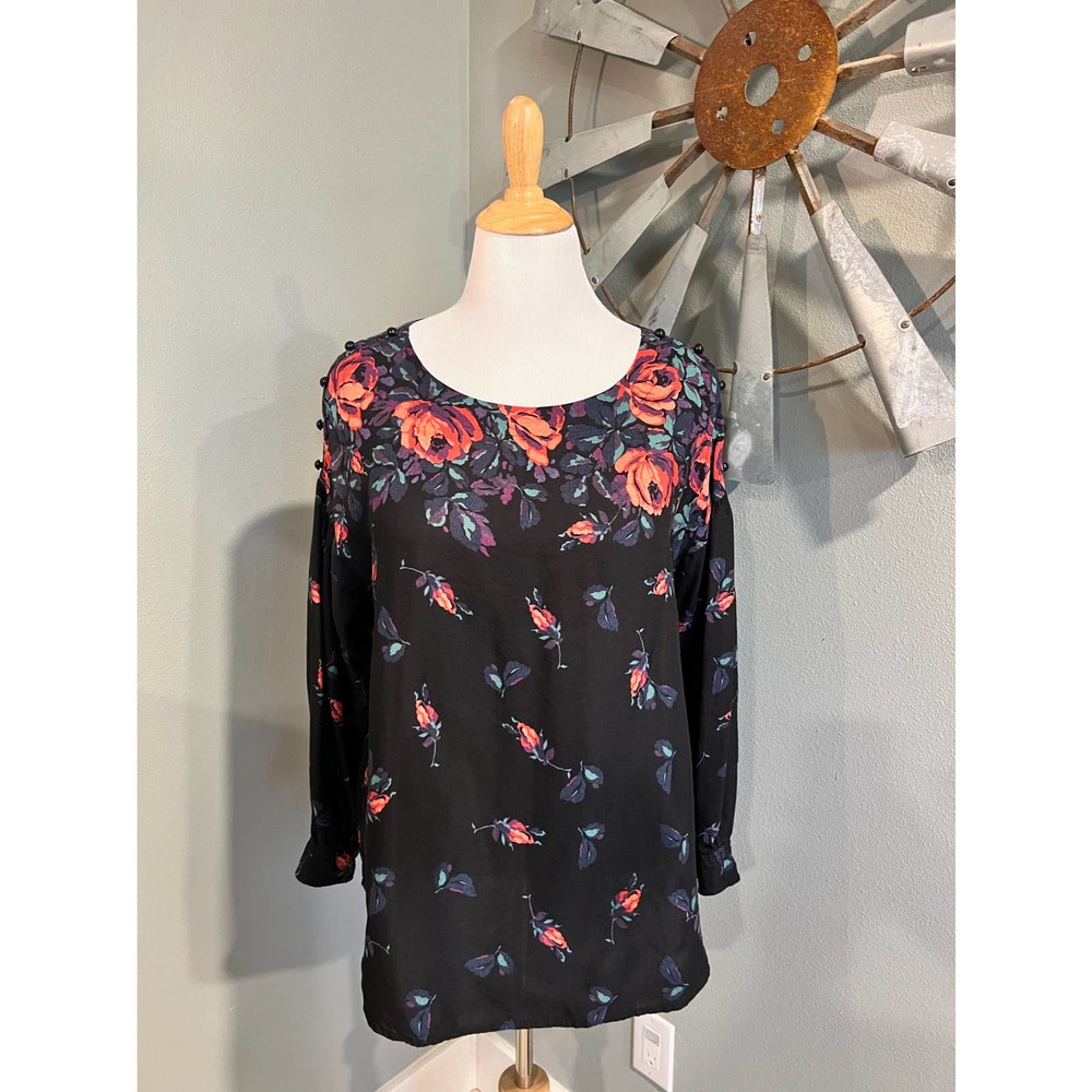 Maeve Black Blouse with Coral Rose Floral Yoke